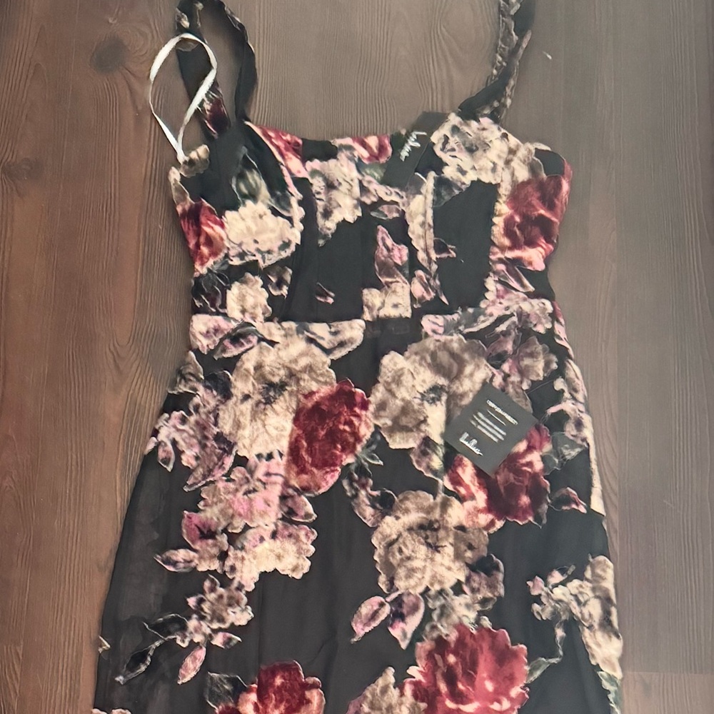 Lulu's Black Maxi Dress with Burgundy and Blush Floral Velvet